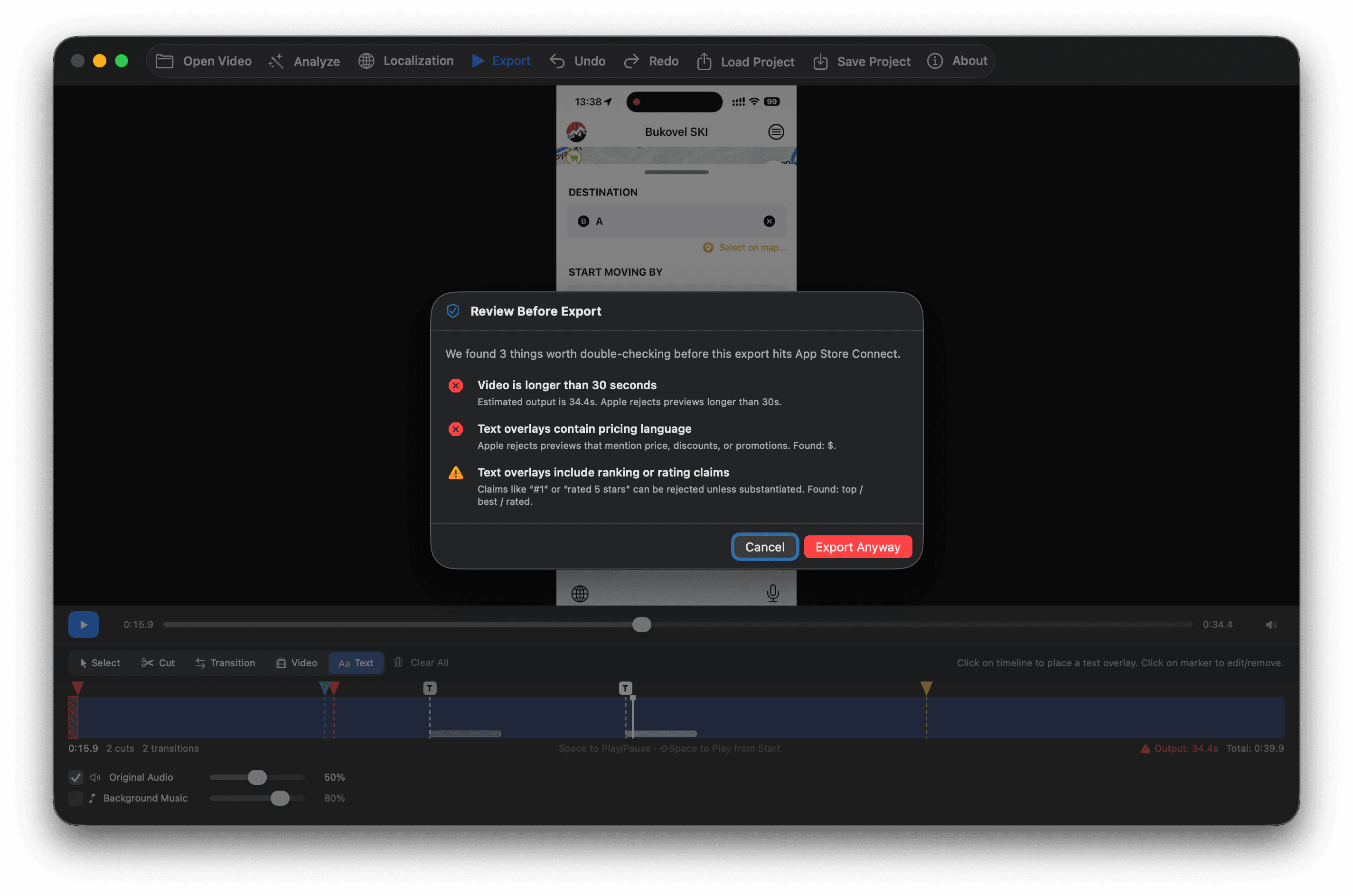 App Store Preview Studio for macOS — pre-export video validation and error checks