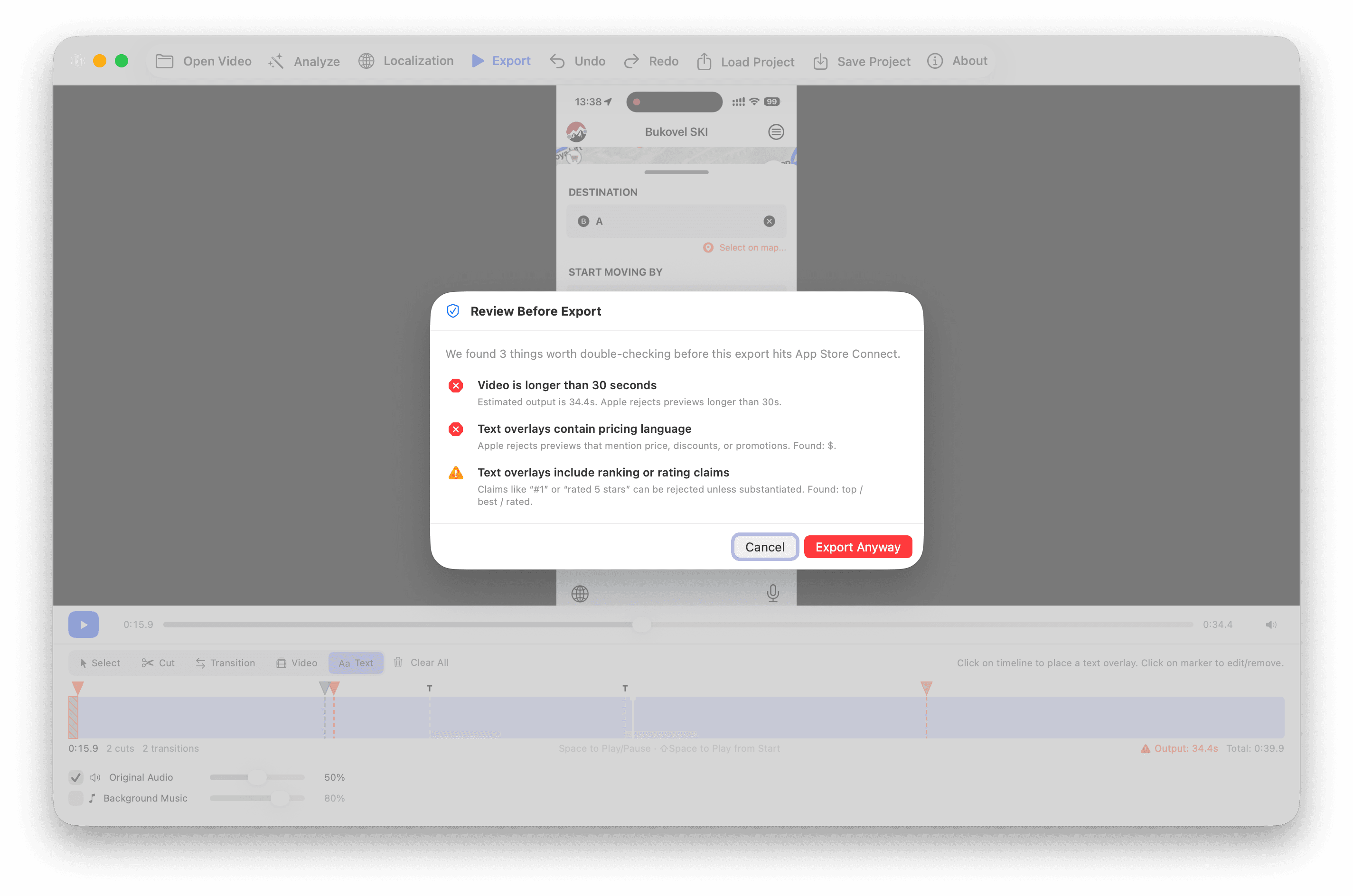 App Store Preview Studio for macOS — pre-export video validation and error checks