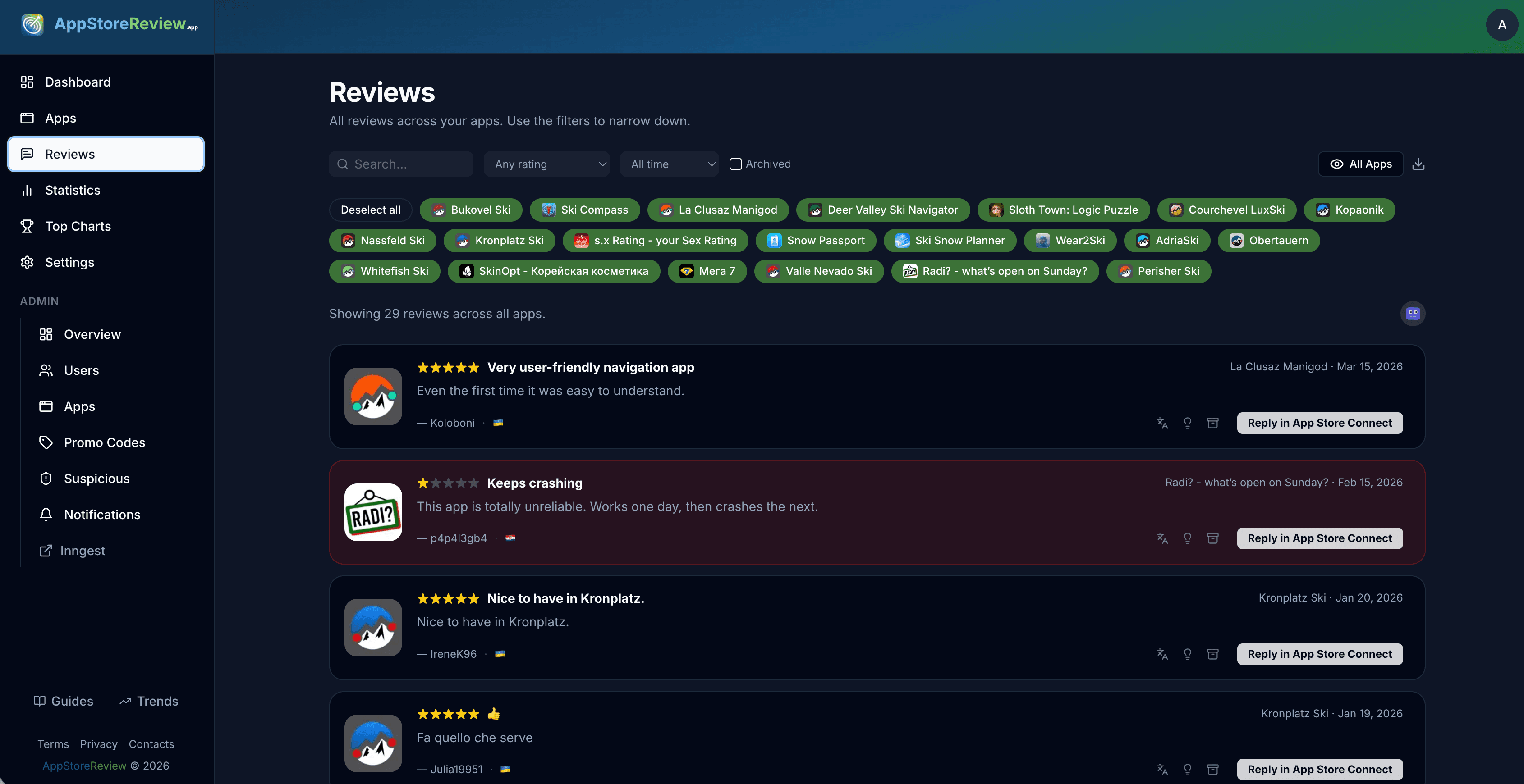 AppStoreReview reviews feed with ratings and filters